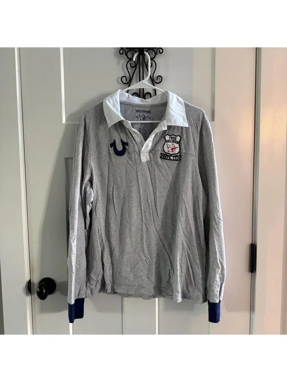 👕 True Religion Long Sleeve Rugby Polo Shirt Men’s XL Gray Y2K